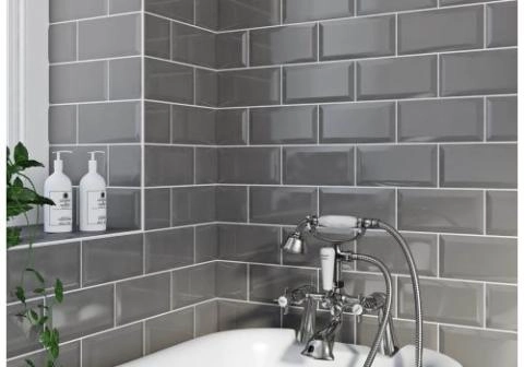 Bevelled Brick Light Grey Gloss 10x20 Tile Victorian Wall Floor Tiles Tilemarket - Light Grey Gloss Kitchen Wall Tiles