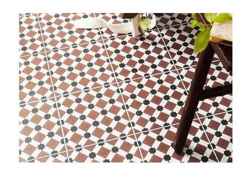 Diamond Victoria Red 45x45 pattern Tile fixed to the floor of a dining area.