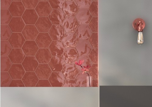 Hexa Wall Cherry Pie 173 x 150 Tile fixed onto a wall to create a feature wall in a home.,Hexa Wall Cherry Pie 173 x 150 Tile close up of tile pattern.
