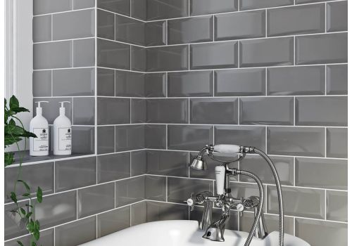 Bevelled Brick Light Grey Gloss 10x20, Dark Grey Gloss Bathroom Wall Tiles